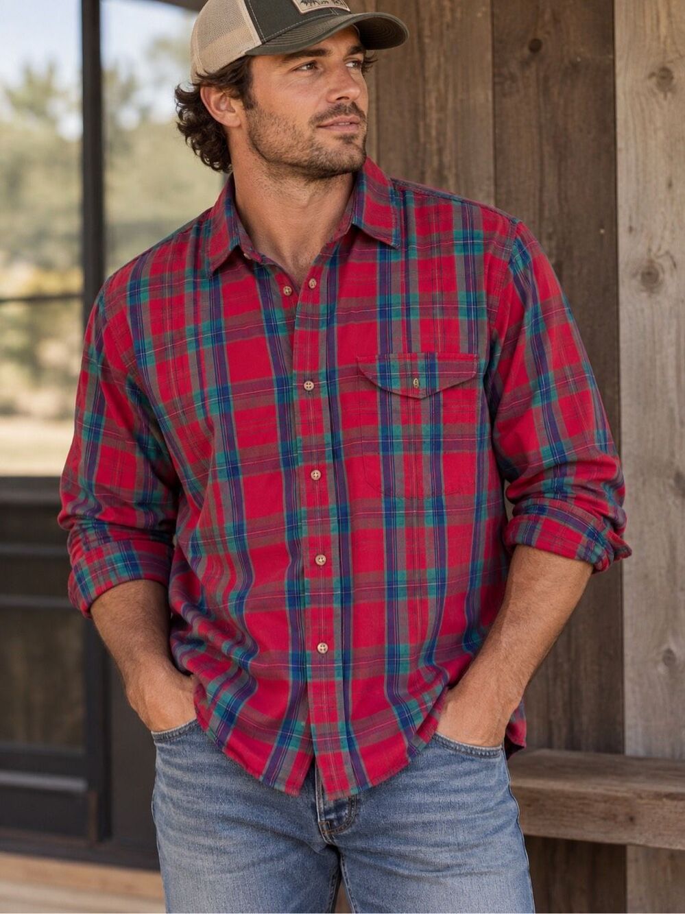 Vintage The Fox Collection Men’s Red Tartan Plaid Button Down Shirt Size XL